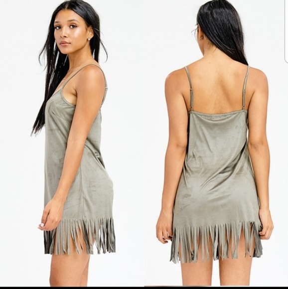 RELISTED Olive micro suede fringe mini dress - Picture 2 of 4
